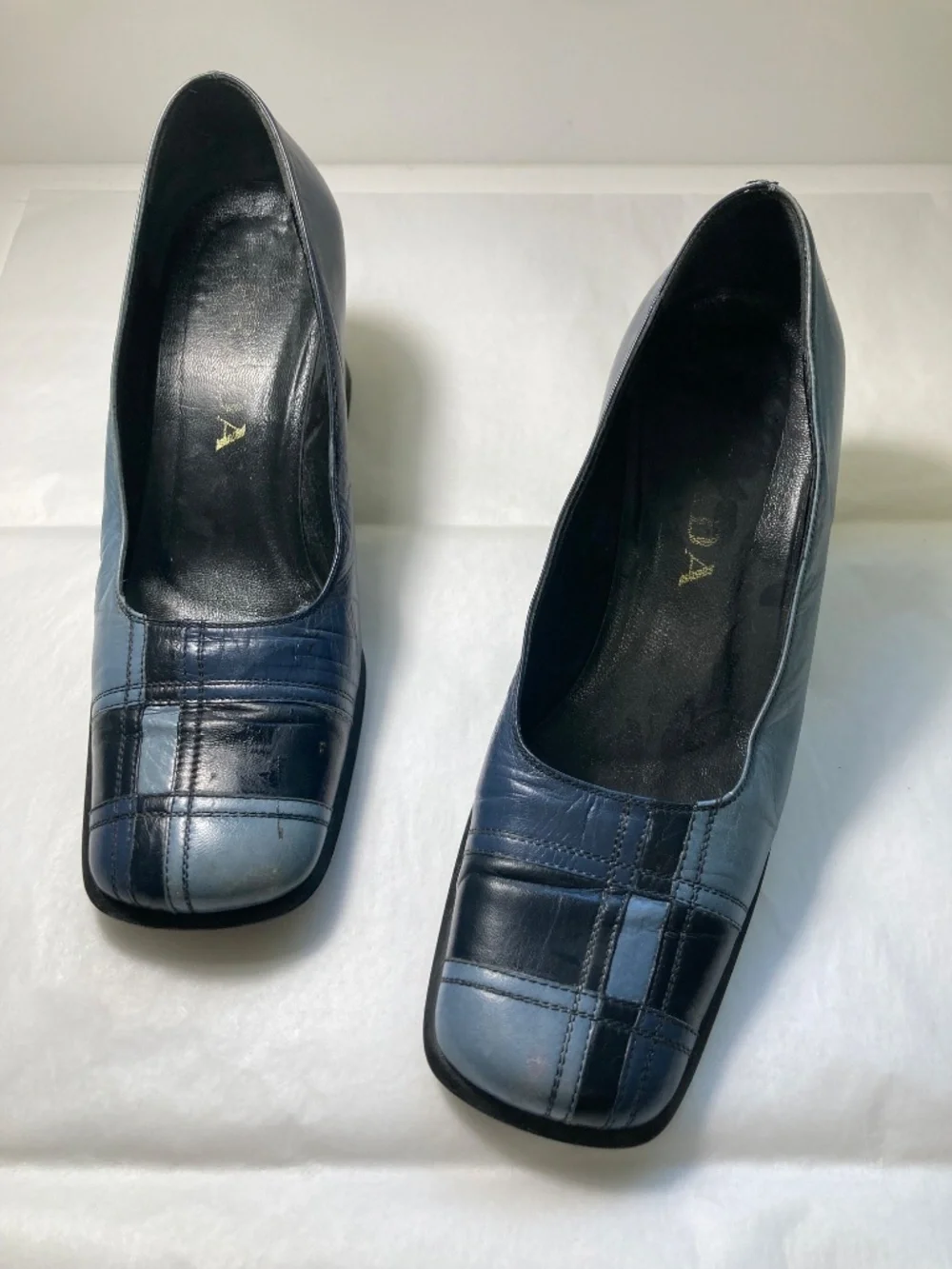 PRADA S6 Block Heel Leather Multi-Tone Blue Leather Pumps